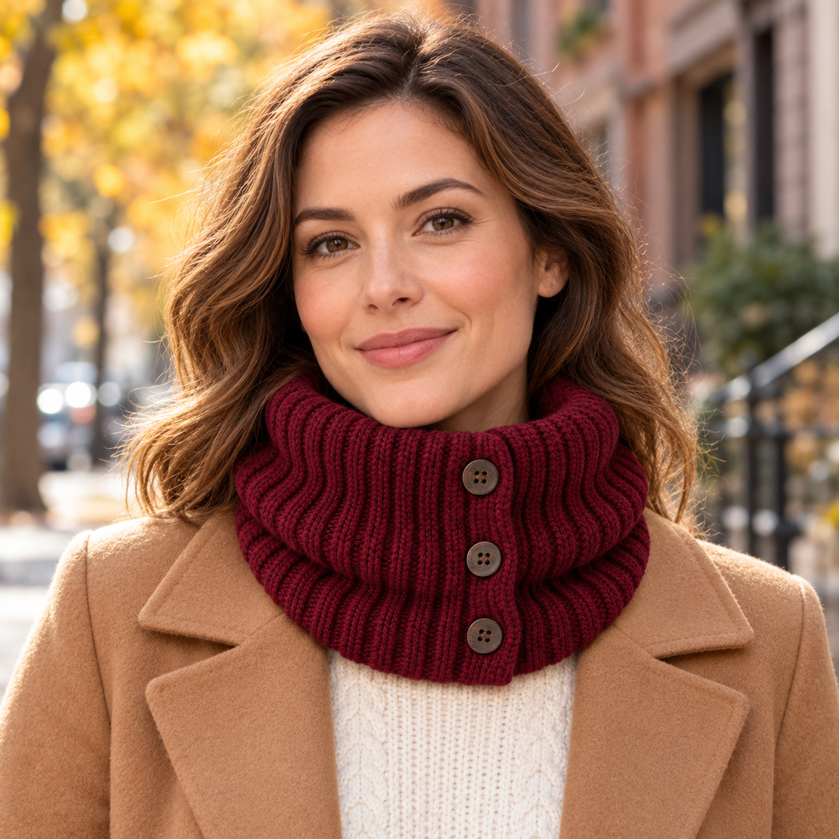 Front styling with camel coat — burgundy cowl AI design visualization