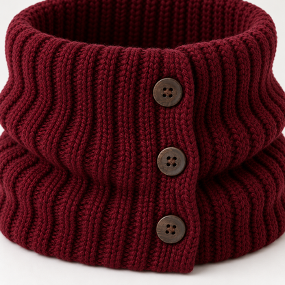 Three buttons and rib-knit placket detail — burgundy cowl AI design visualization